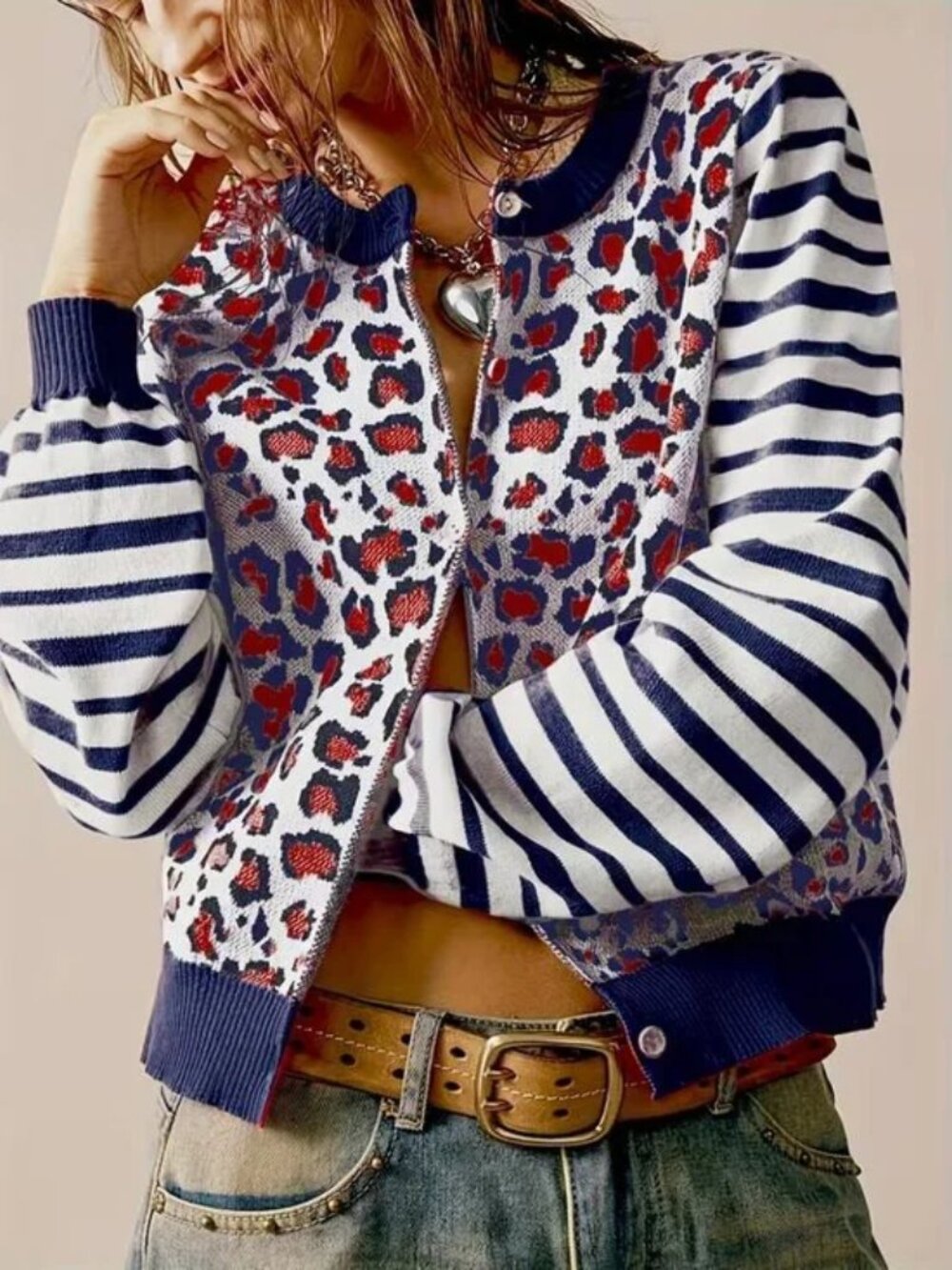 Leopard Print Striped Long-Sleeve Cardigan Sweater - Picture 4 of 5
